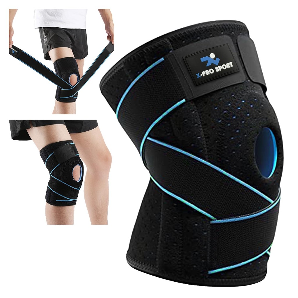 Genouillère X-PRO SPORT noire à sangles turquoise croisées et ouverture rotulienne